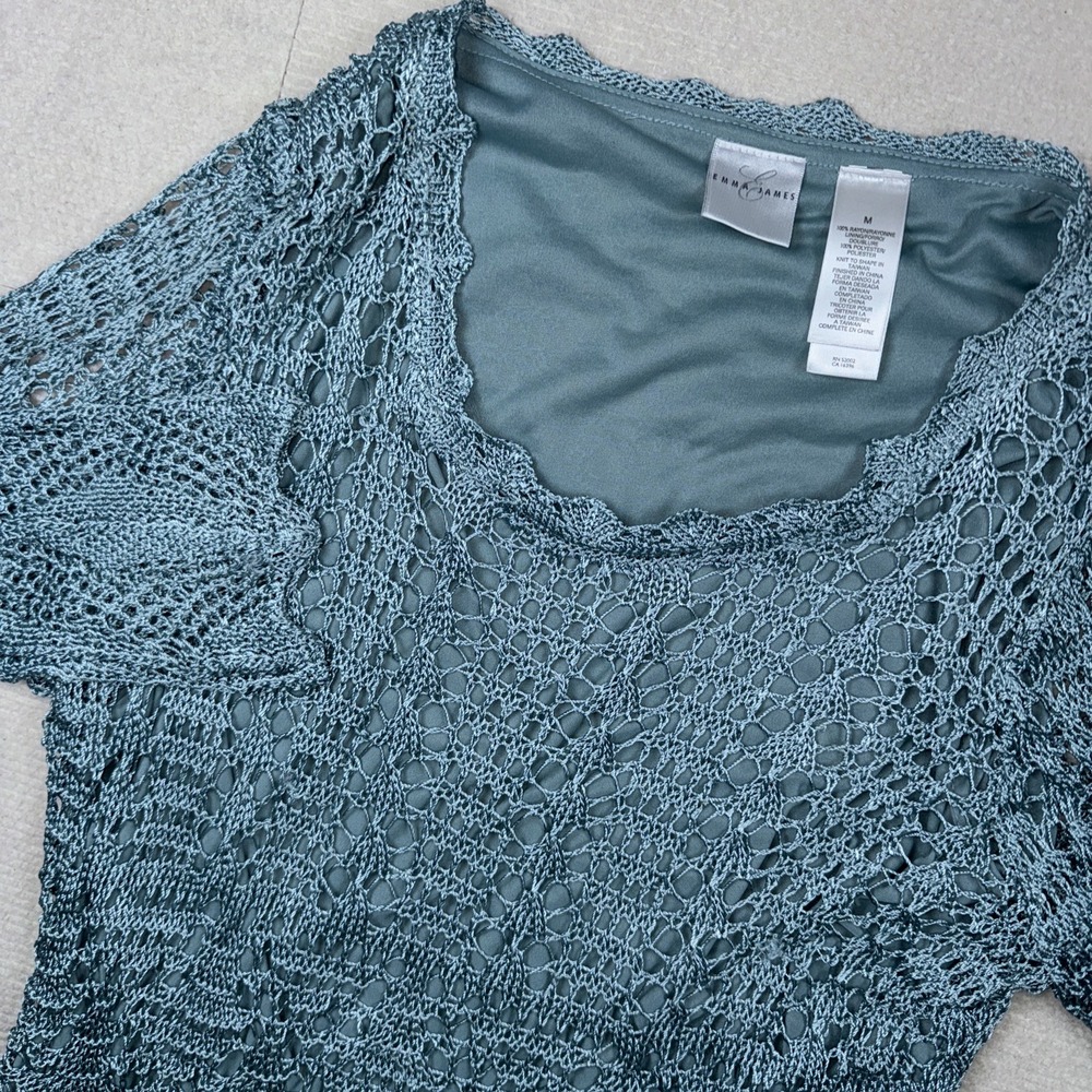 Emma James Crochet Knit Top Women Medium Teal Blue Scalloped 3/4 Sleeve Boho